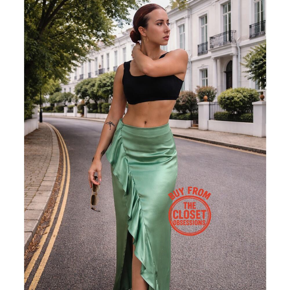Zara NWT Mint Green Satin Ruffle Front Slit High Waist Midi Skirt M - Picture 9 of 16